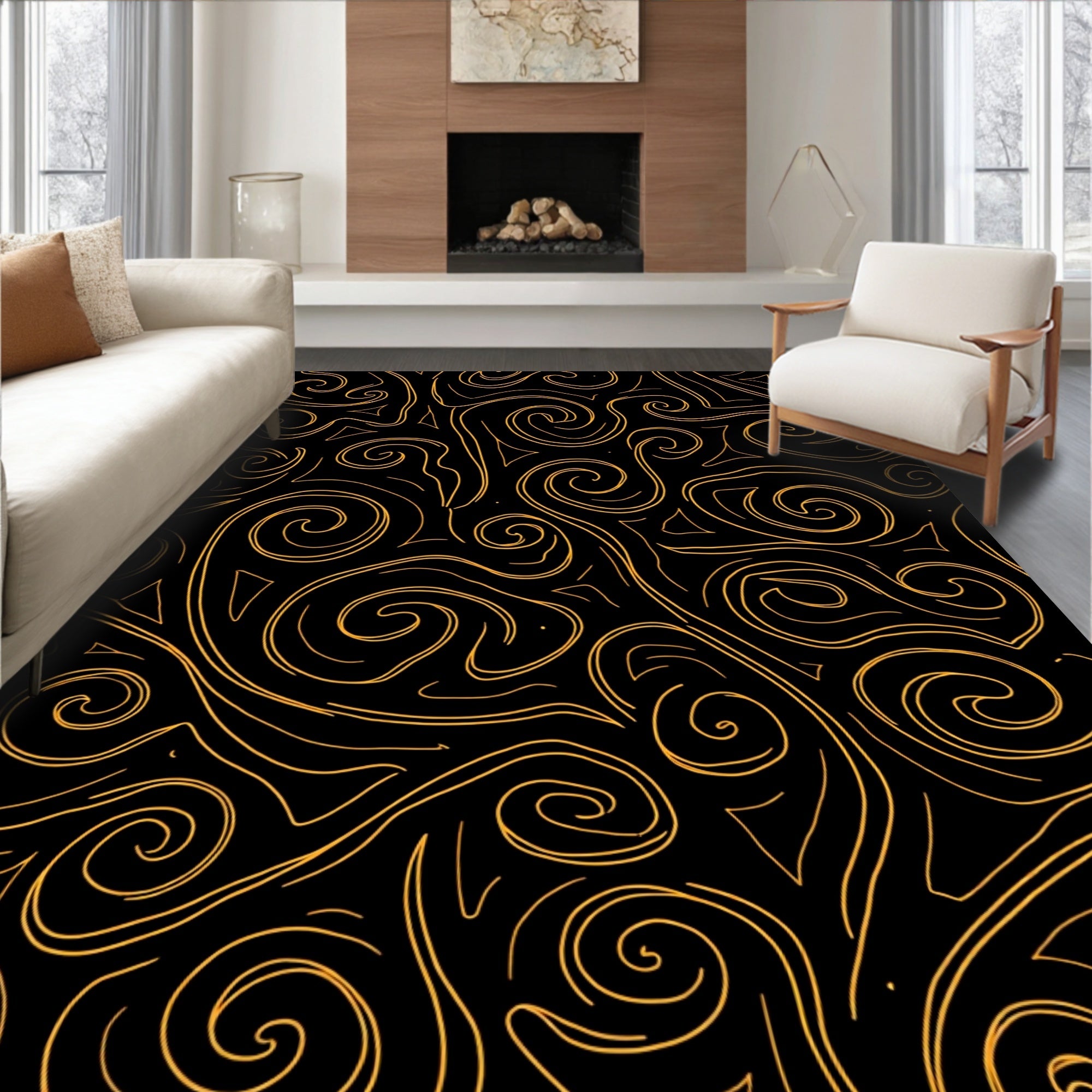 Black Gold Swirl Abstract Pattern Rug