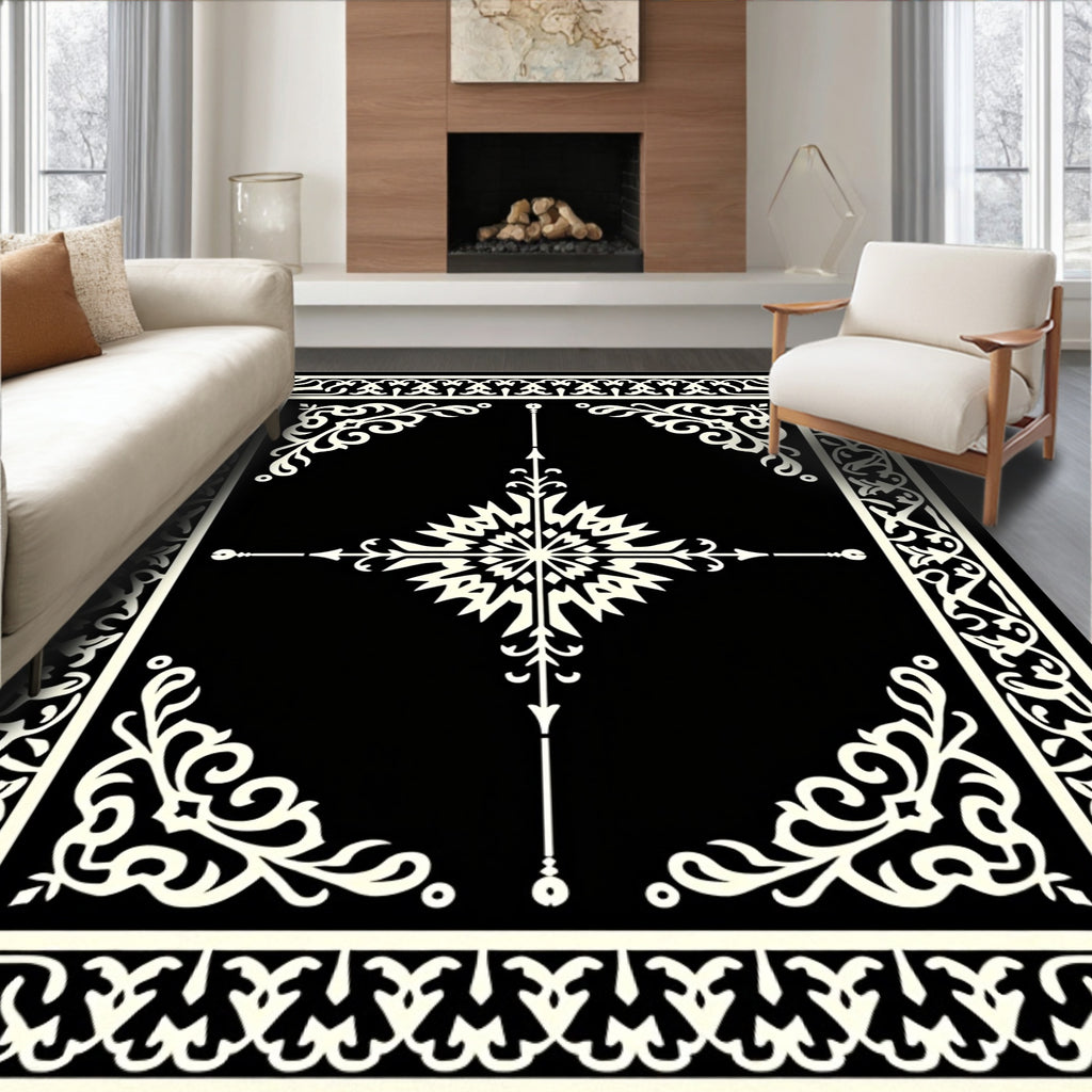 Intricate Black and White Floral Rug