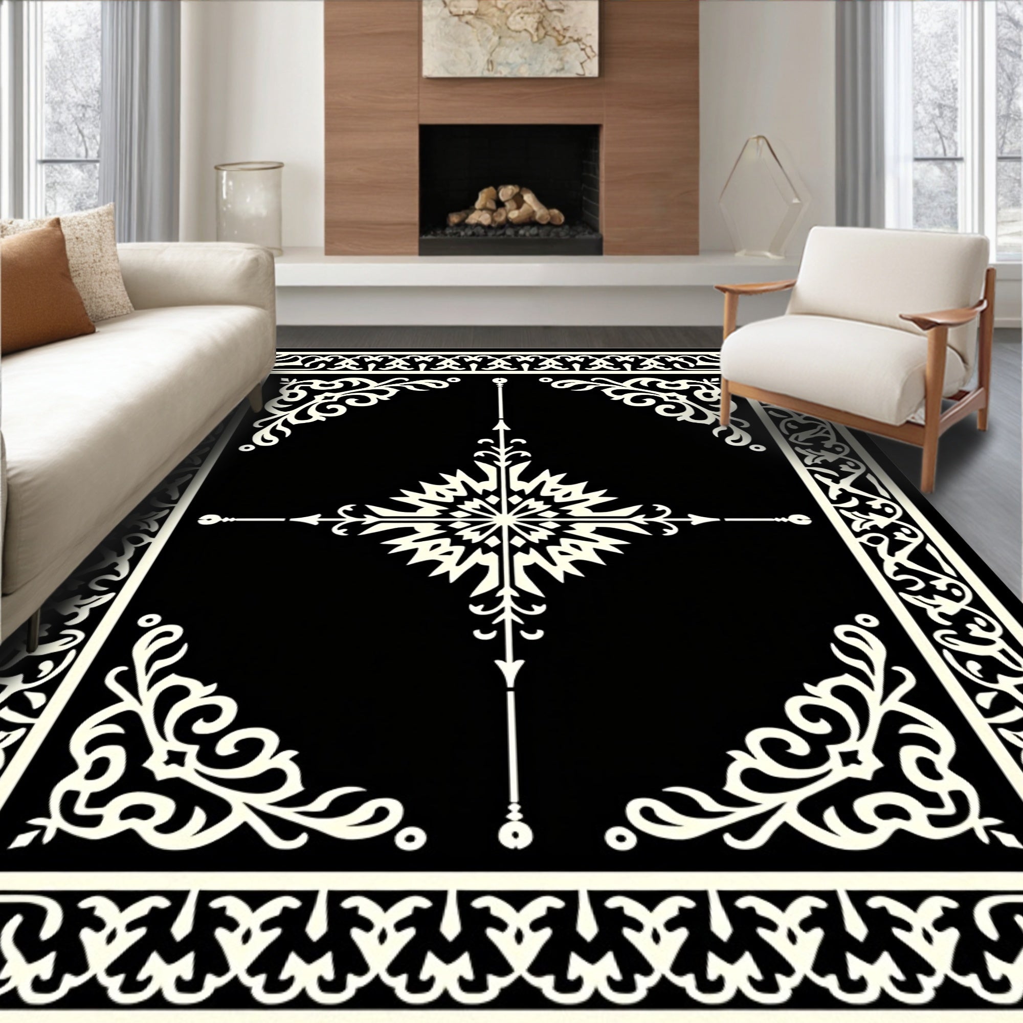 Intricate Black and White Floral Rug