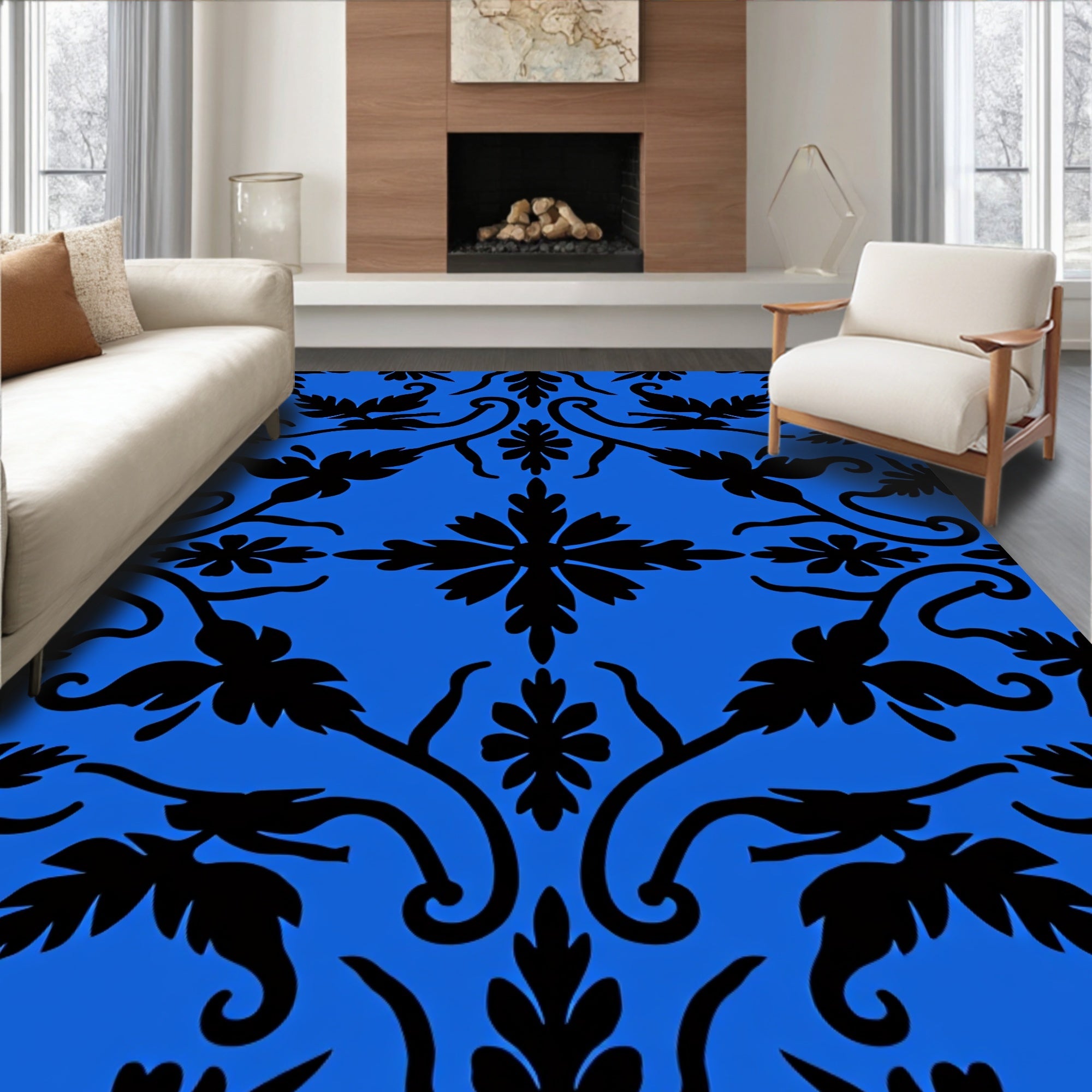 Black Floral Vine Pattern Rug