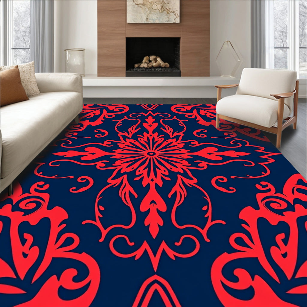Bold Red Floral Damask Pattern Rug