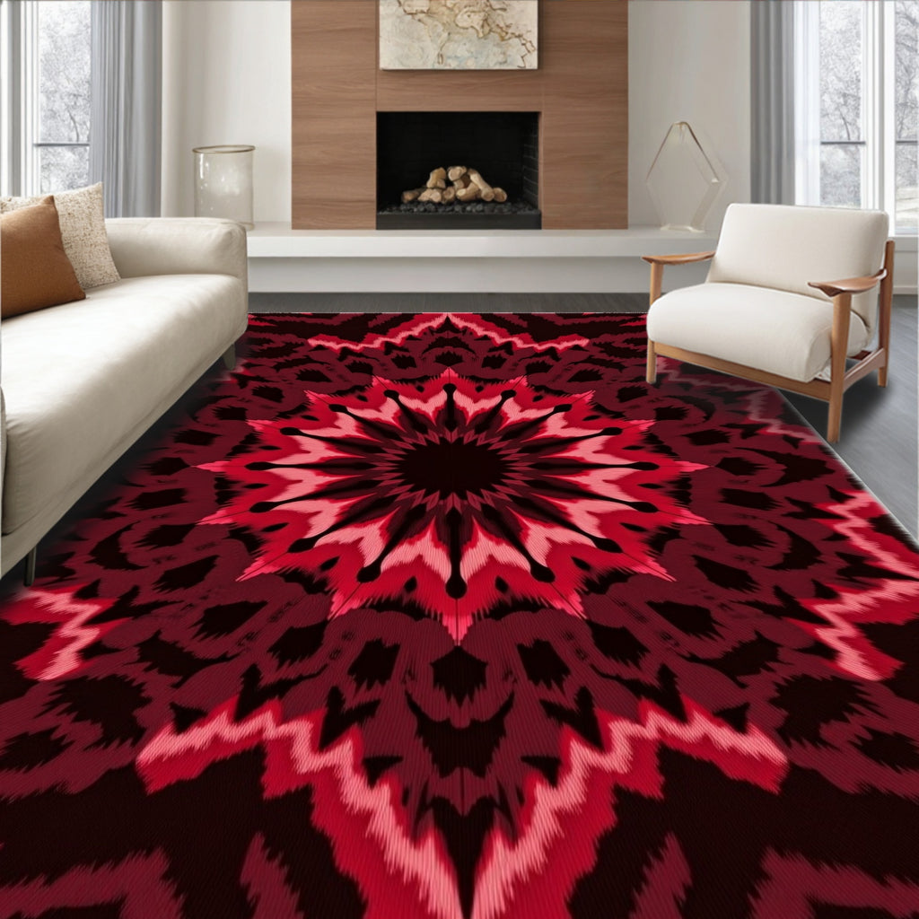 Red Mandala Patterned Textured Rug