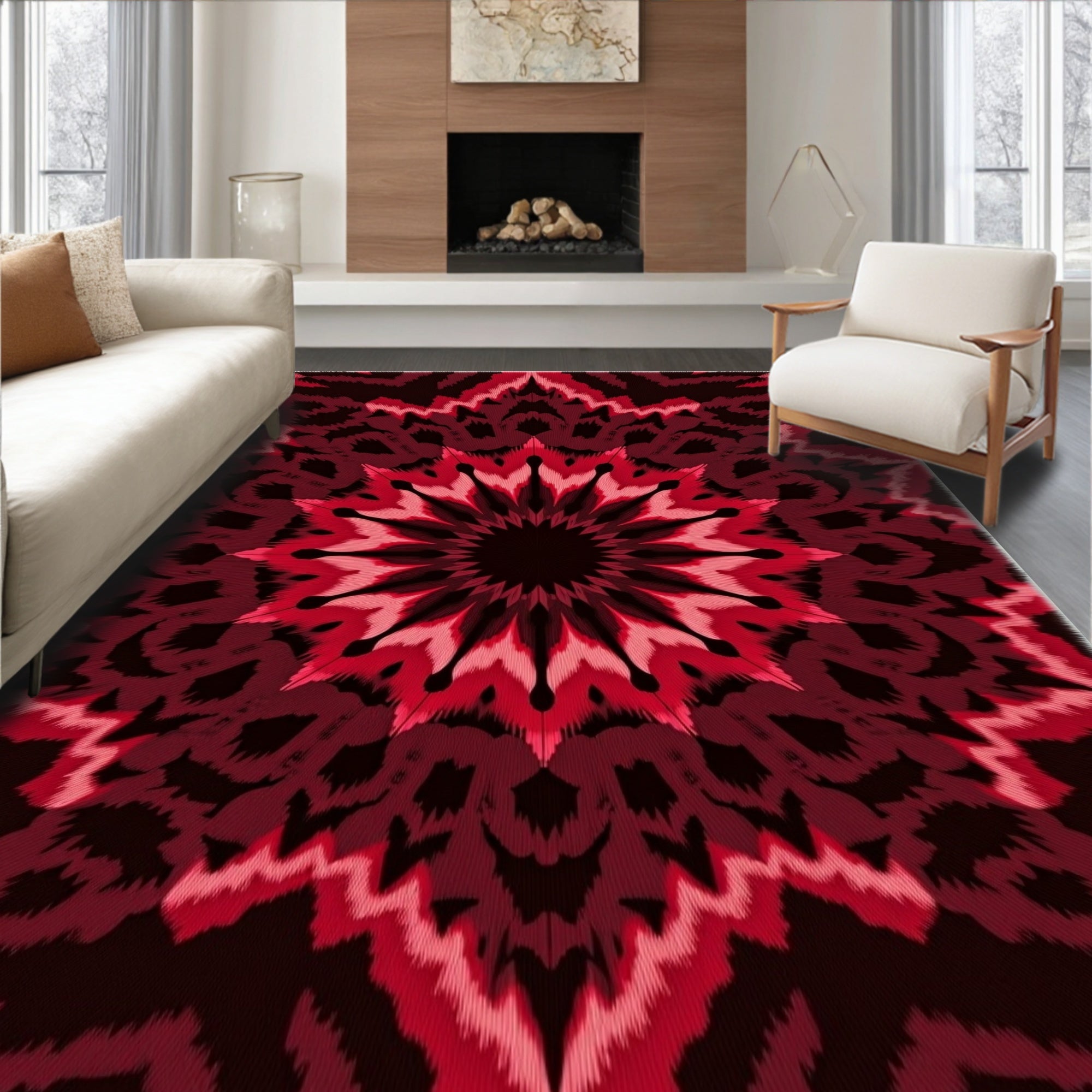 Red Mandala Patterned Textured Rug