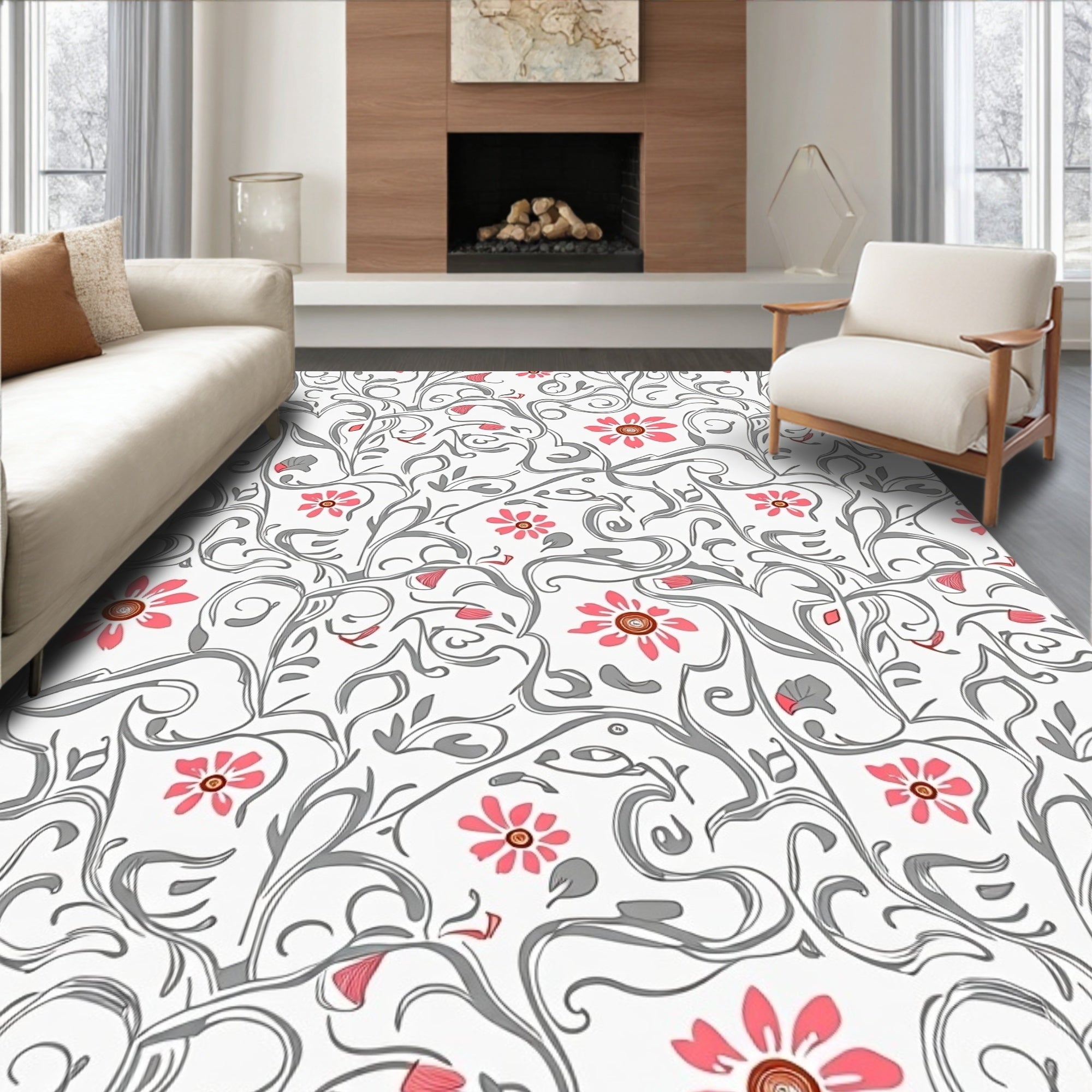Floral Vines With Pink Daisy Accents Rug