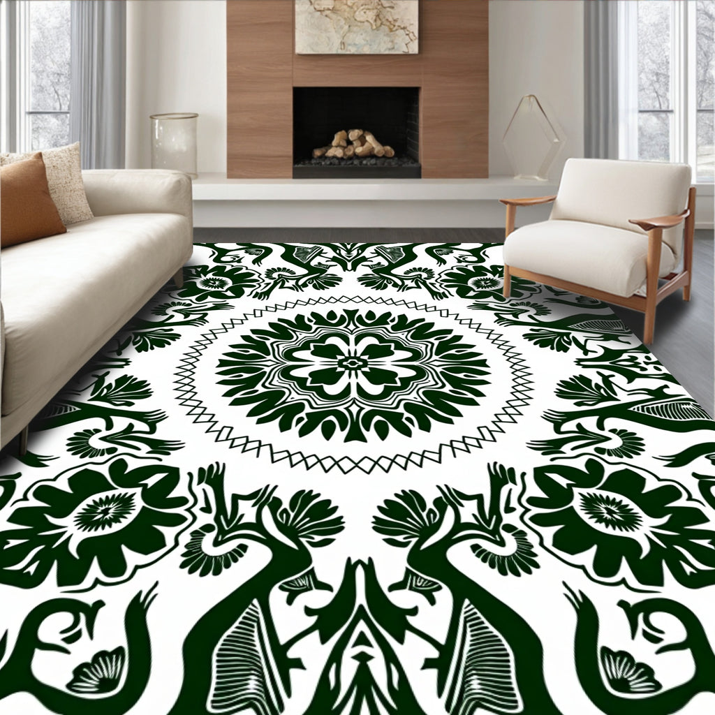Dark Green Floral Mandala Pattern Rug