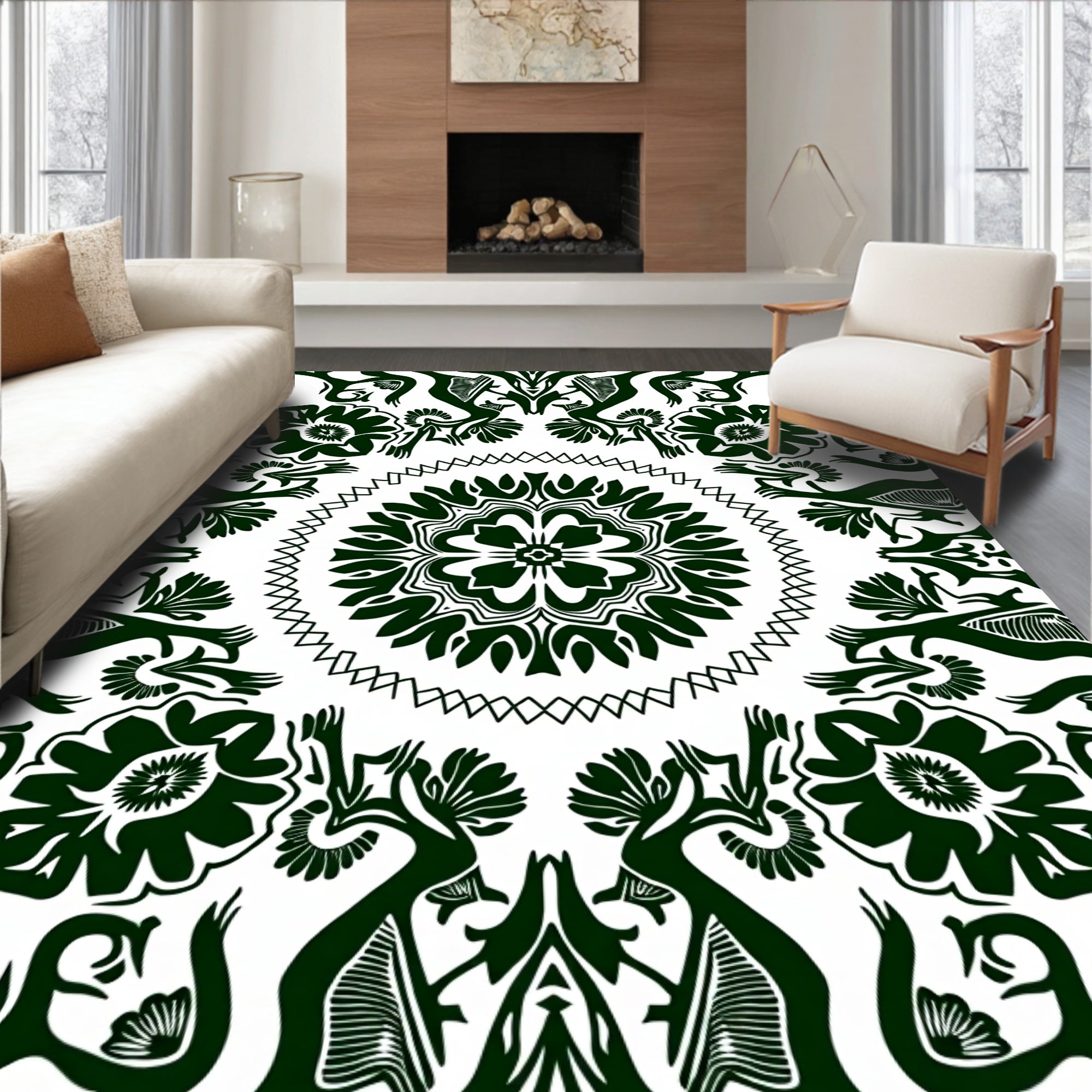 Dark Green Floral Mandala Pattern Rug