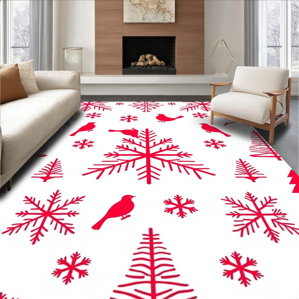 Red Birds Snowflakes and Pines Rug
