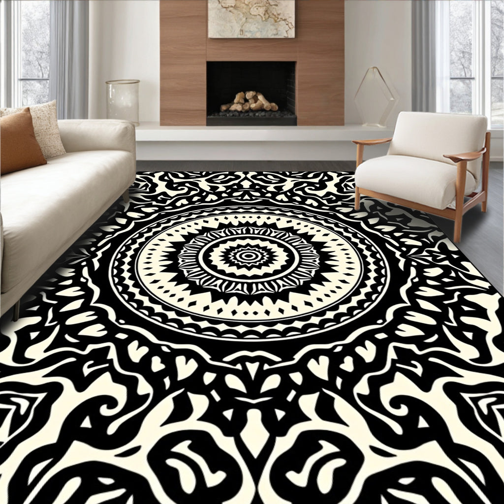 Intricate Black Cream Mandala Rug
