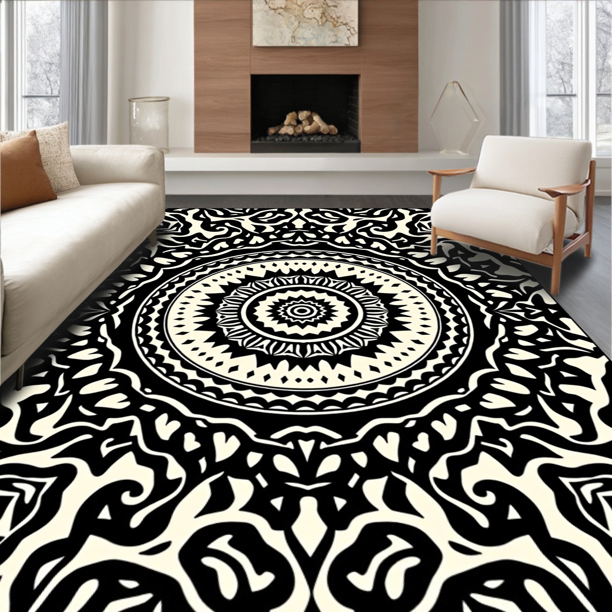 Intricate Black Cream Mandala Rug