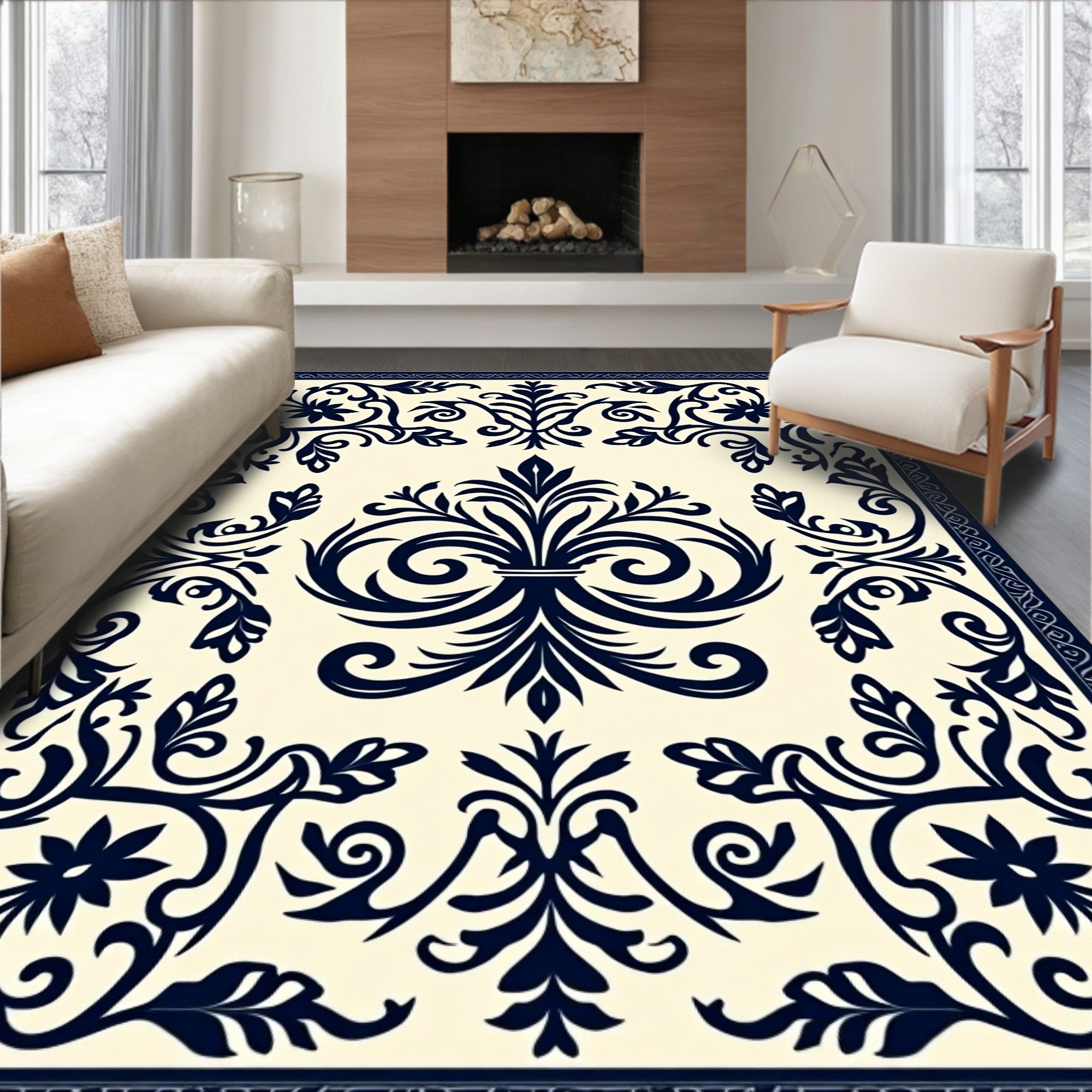 Classic Blue Floral Scrollwork Accent Rug