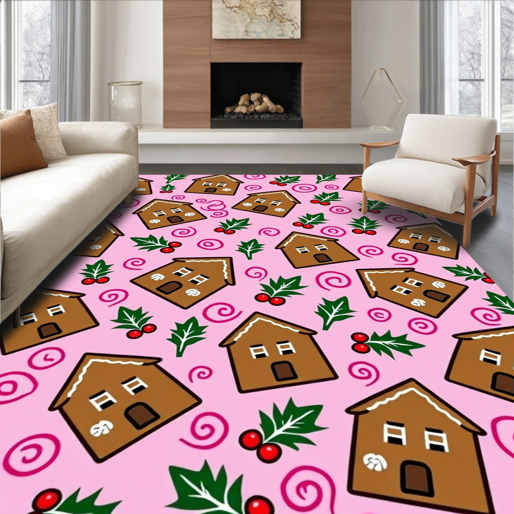 Pink Gingerbread Houses Holly Berries Swirls Rug