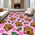 Pink Gingerbread Houses Holly Berries Swirls Rug