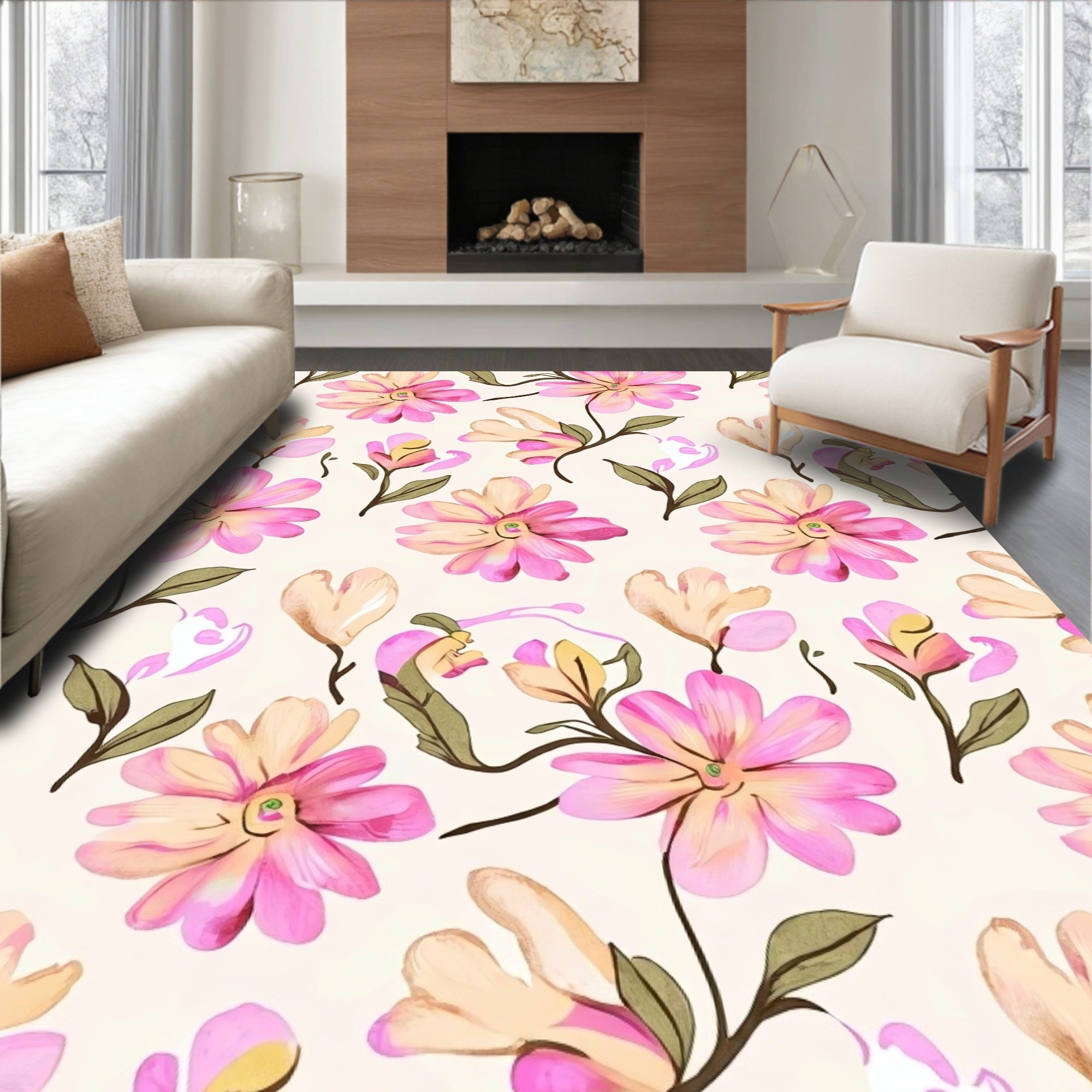 Soft Pink Floral Pattern Rug