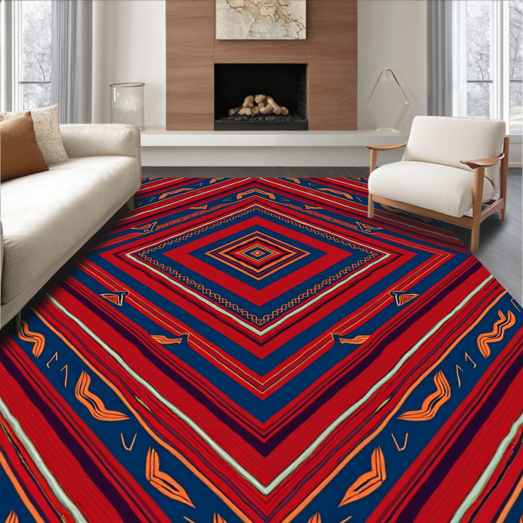 Bold Red Blue Geometric Diamond Pattern Rug
