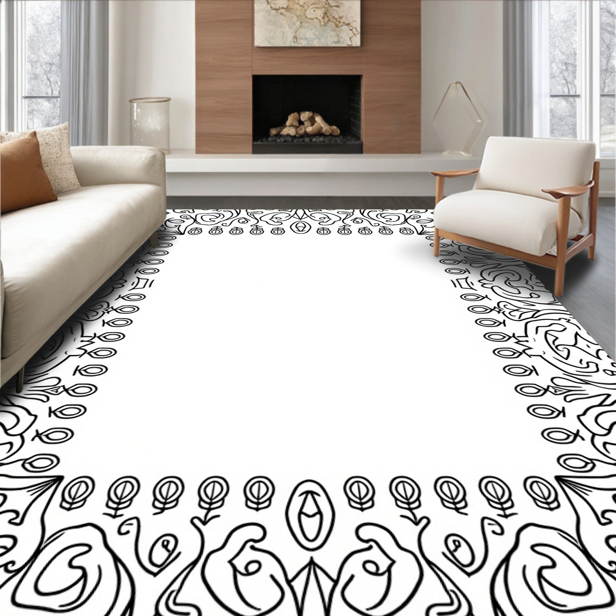 Black White Ornate Floral Scrollwork Pattern Rug