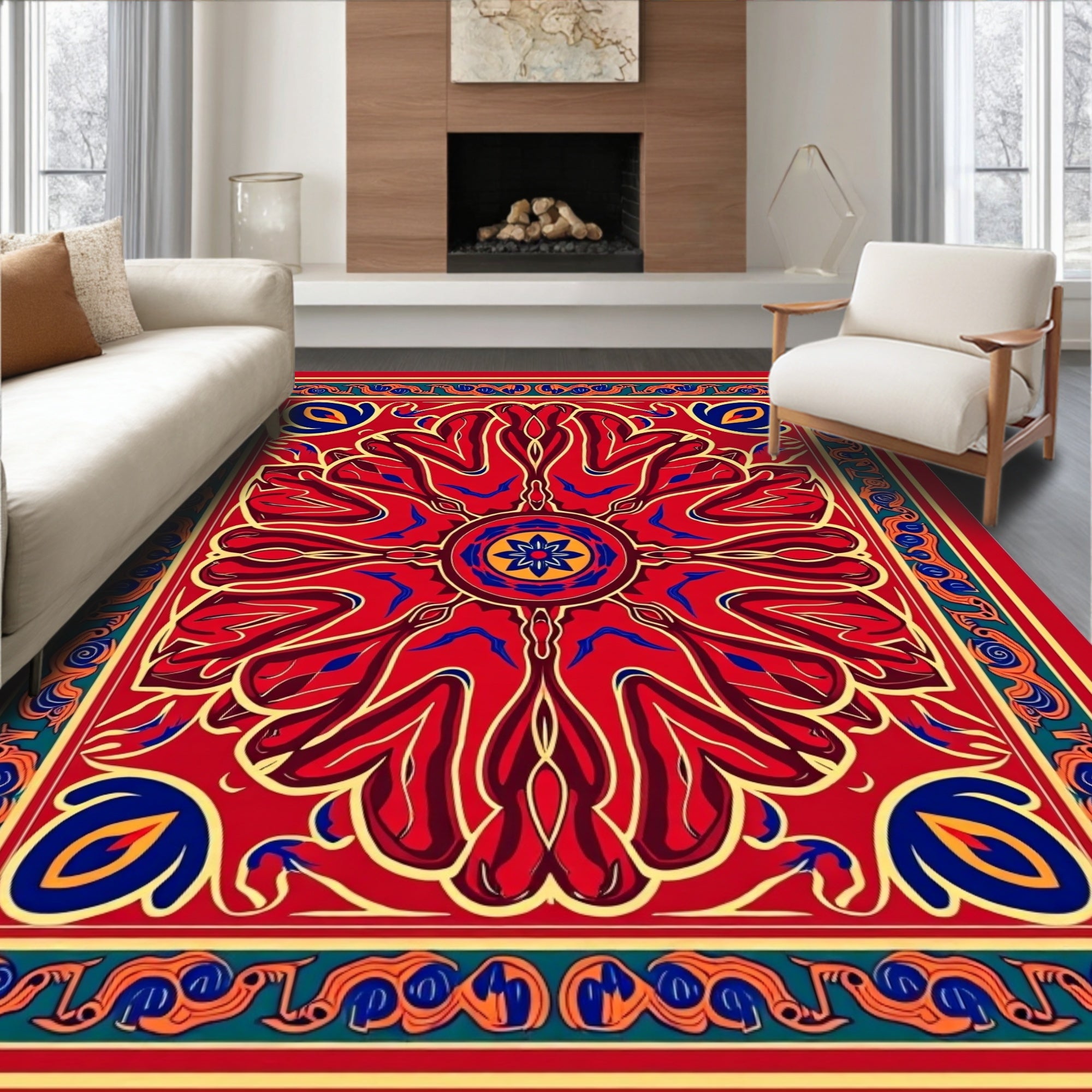 Vibrant Red Floral Mandala Rug