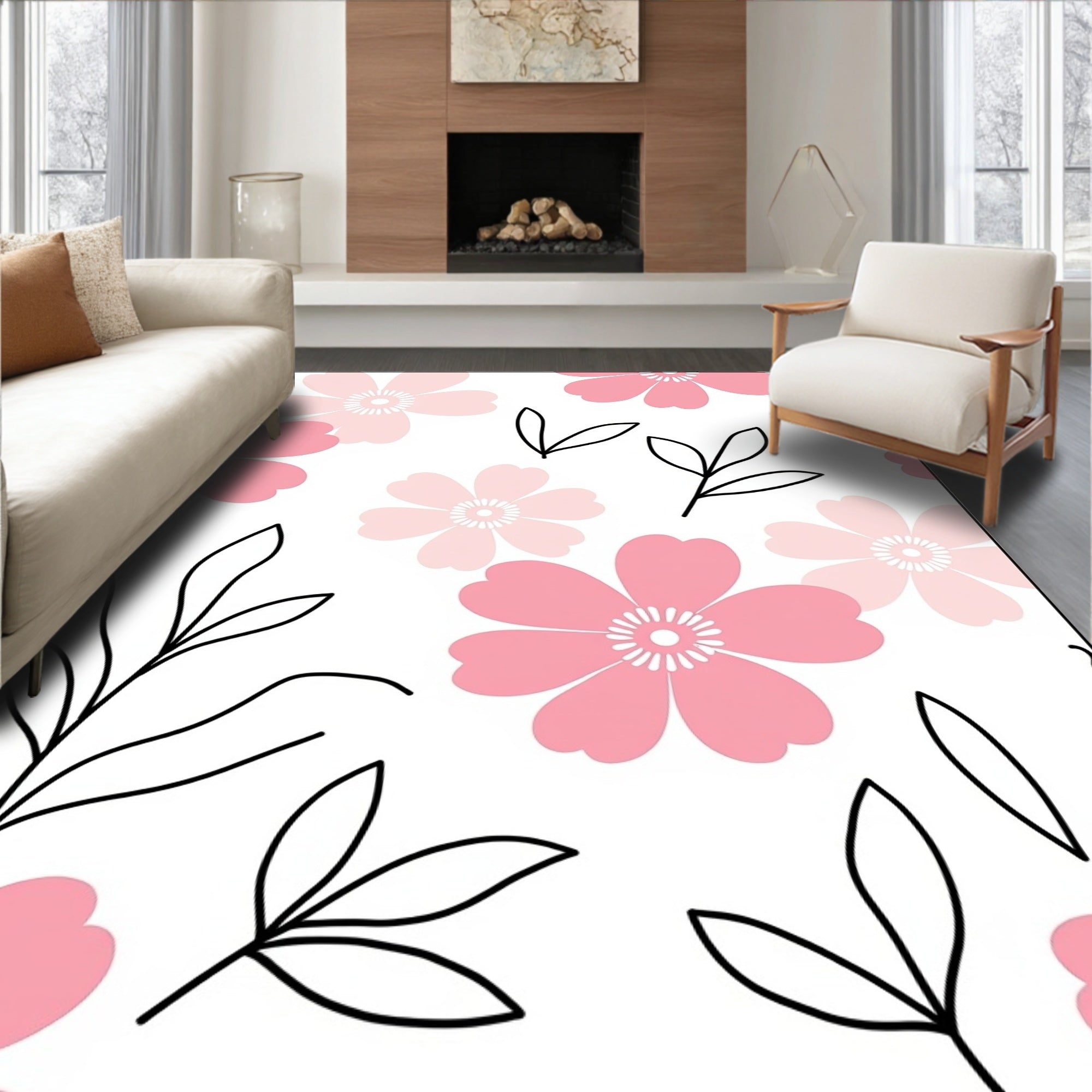 Pink Floral Vine Pattern Rug