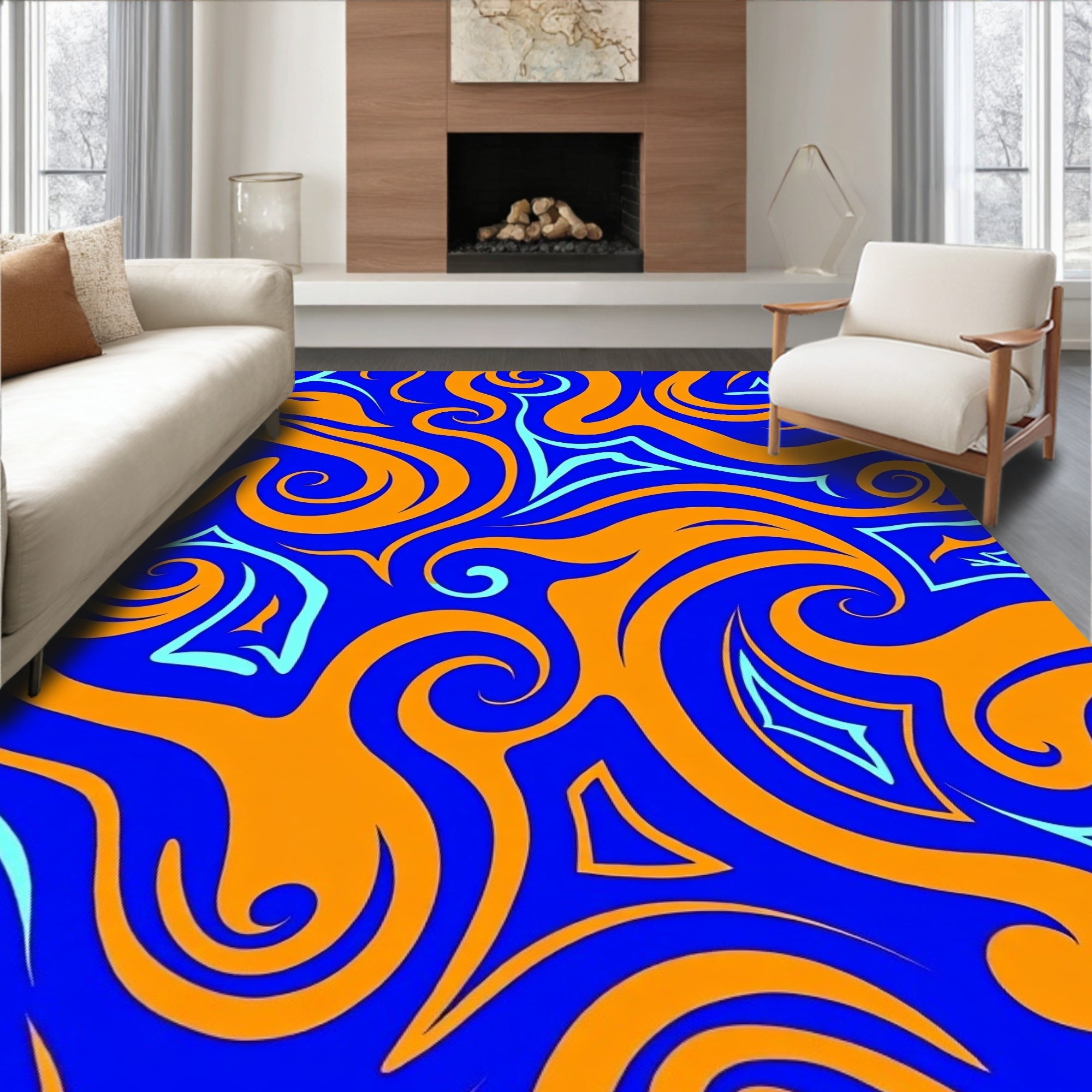 Bold Blue Orange Swirl Pattern Rug