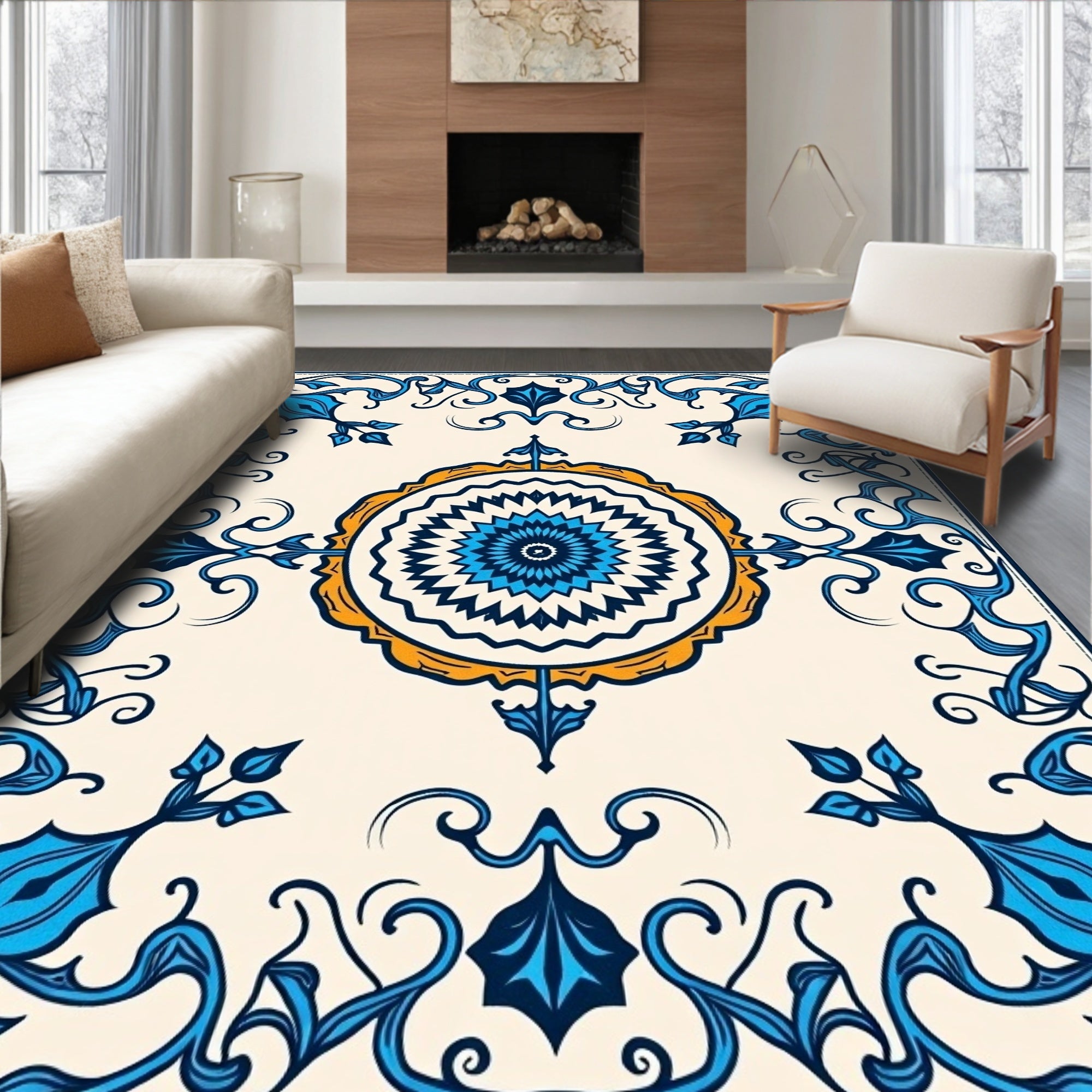 Intricate Blue Floral Medallion Design Rug