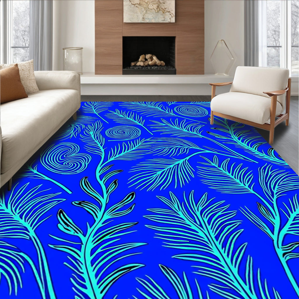 Vibrant Blue Palm Frond Swirl Rug