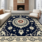 Dark Blue Ivory Floral Mandala Medallion Rug