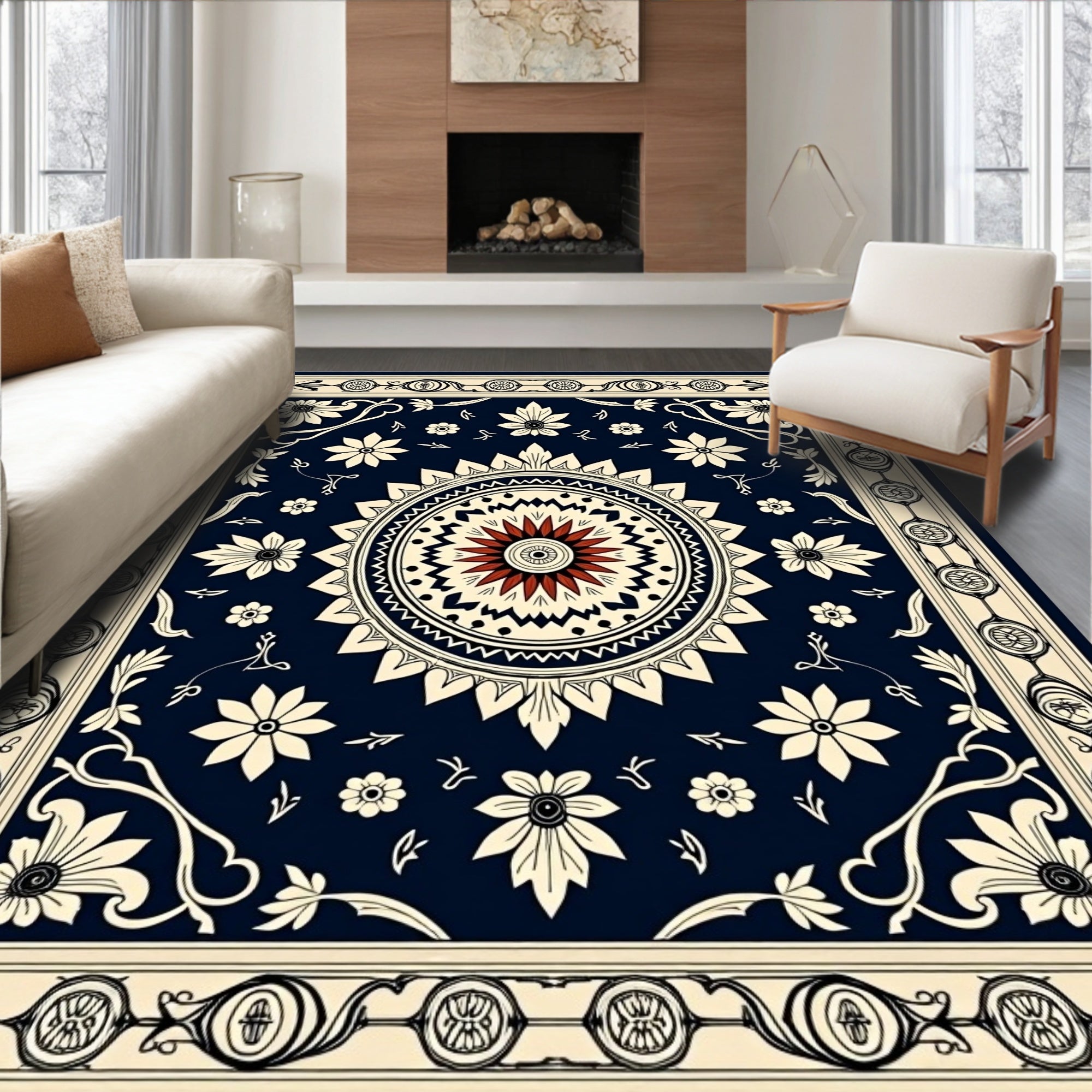 Dark Blue Ivory Floral Mandala Medallion Rug