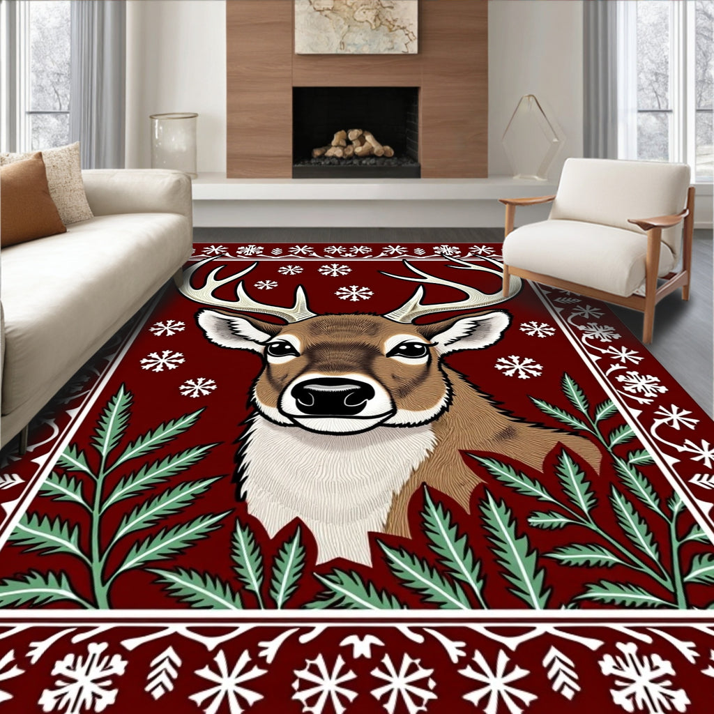 Crimson Deer Snowflake Botanical Frame Rug