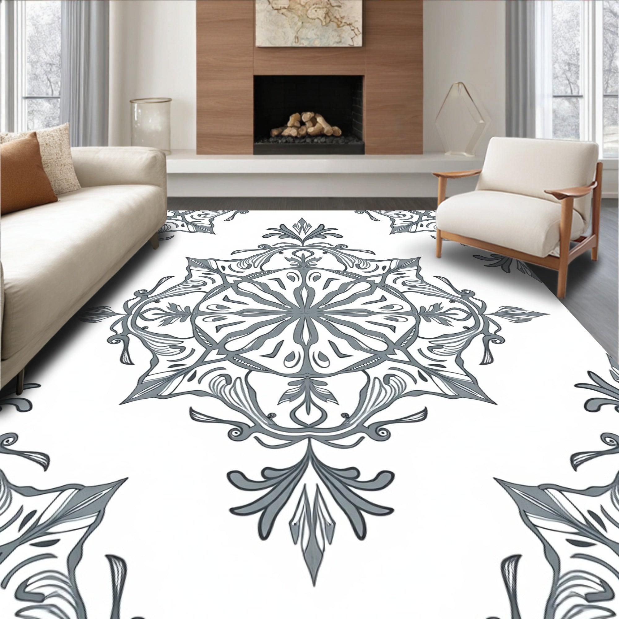 Elegant Grey Mandala Pattern Rug
