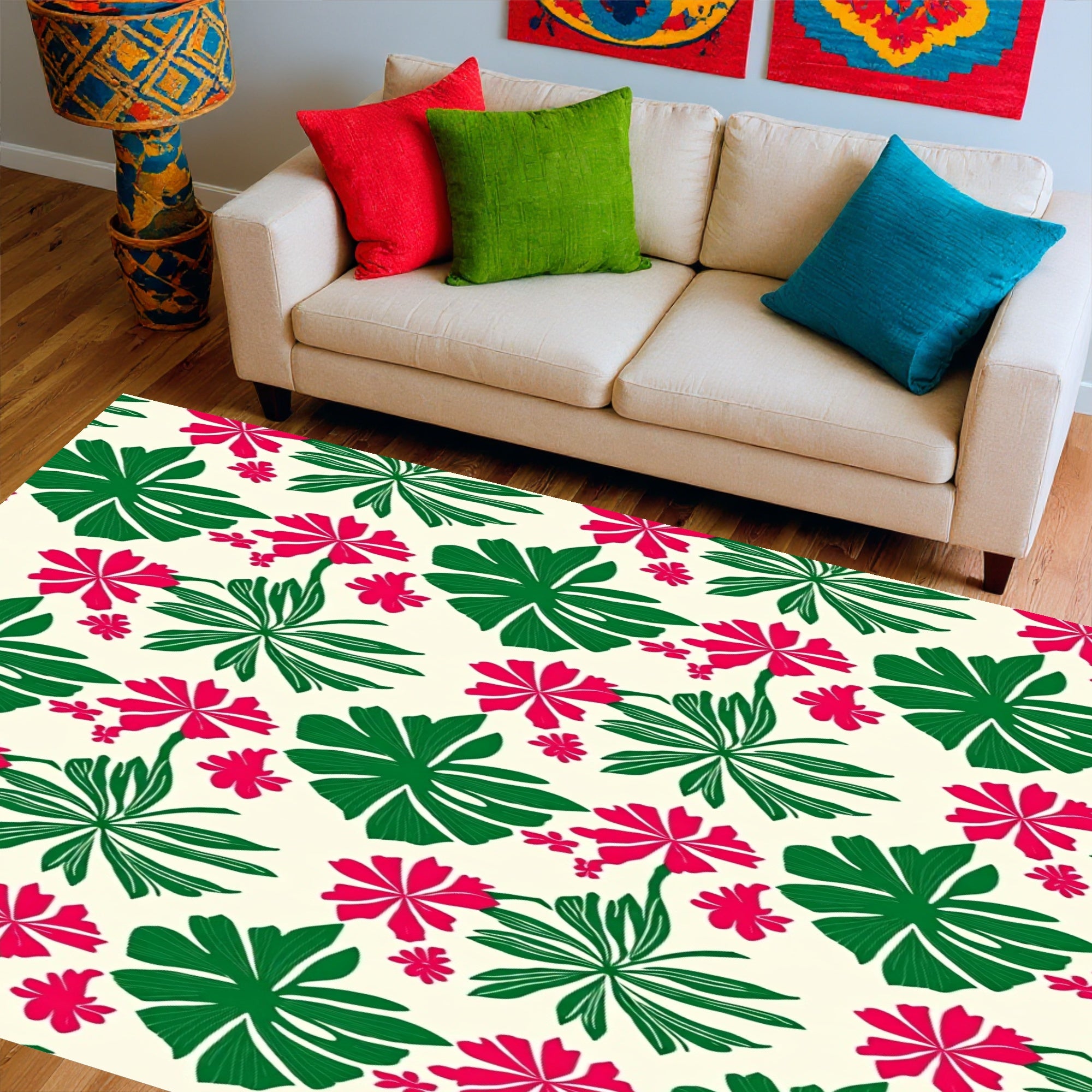 Bold Tropical Leaf Flower Pattern Rug
