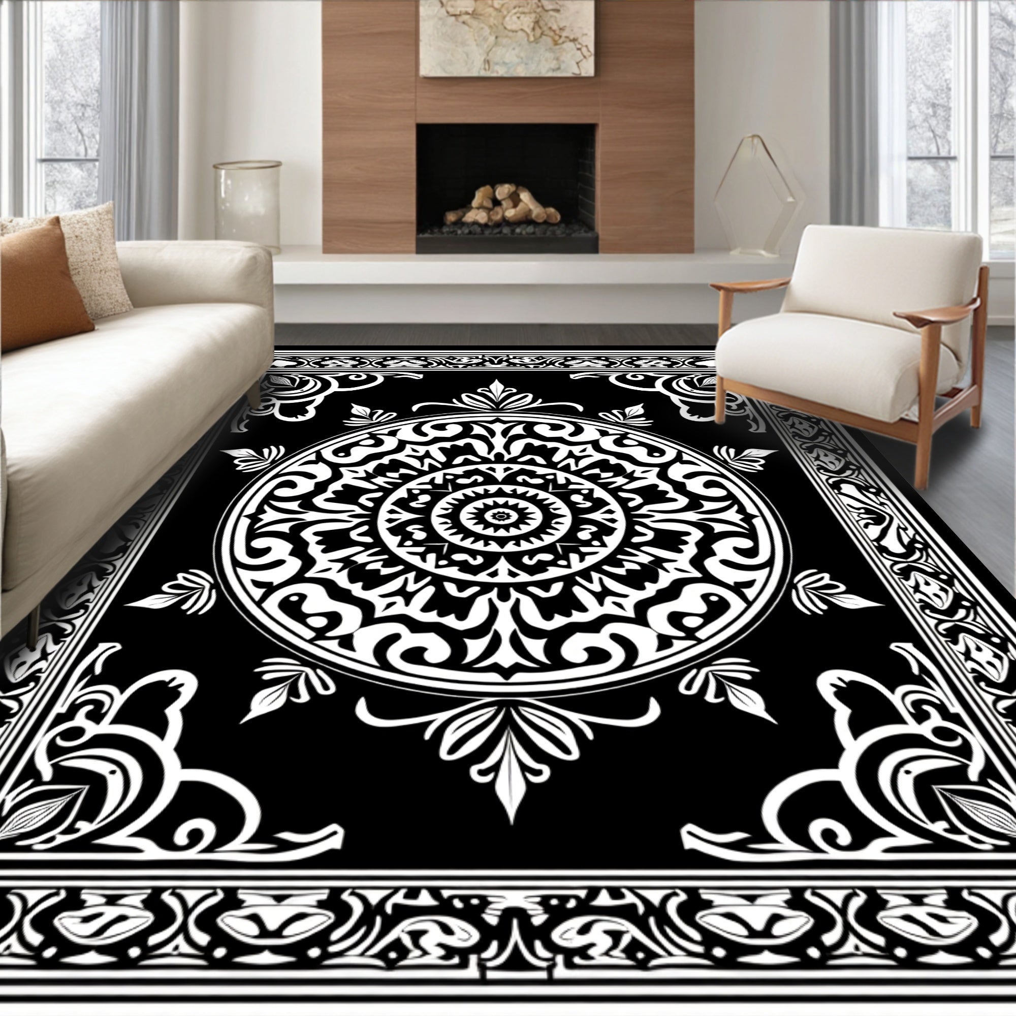 Intricate Black and White Mandala Design Rug