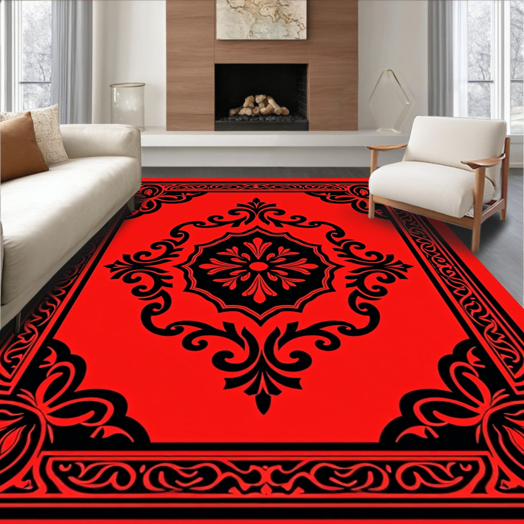 Rich Red Black Floral Symmetry Rug