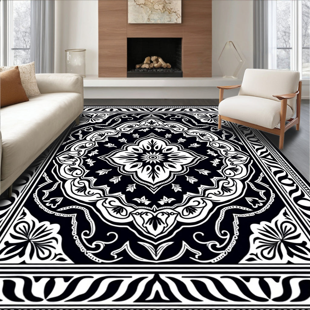 Elegant Black and White Floral Mandala Rug