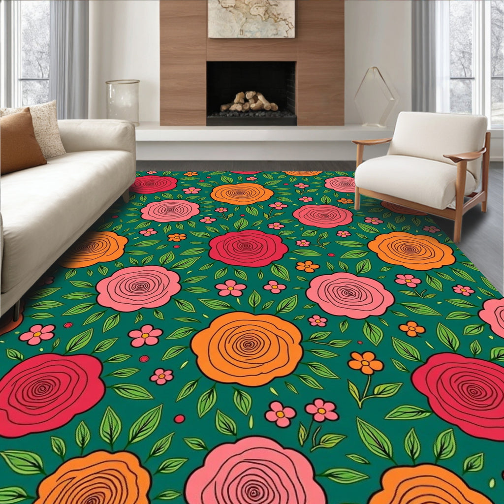 Floral Rose Pattern With Leaves Rug