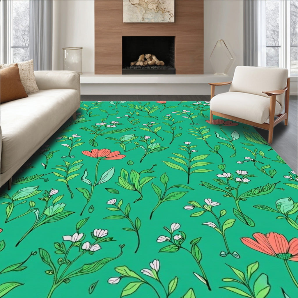 Coral and Green Floral Botanical Design Rug