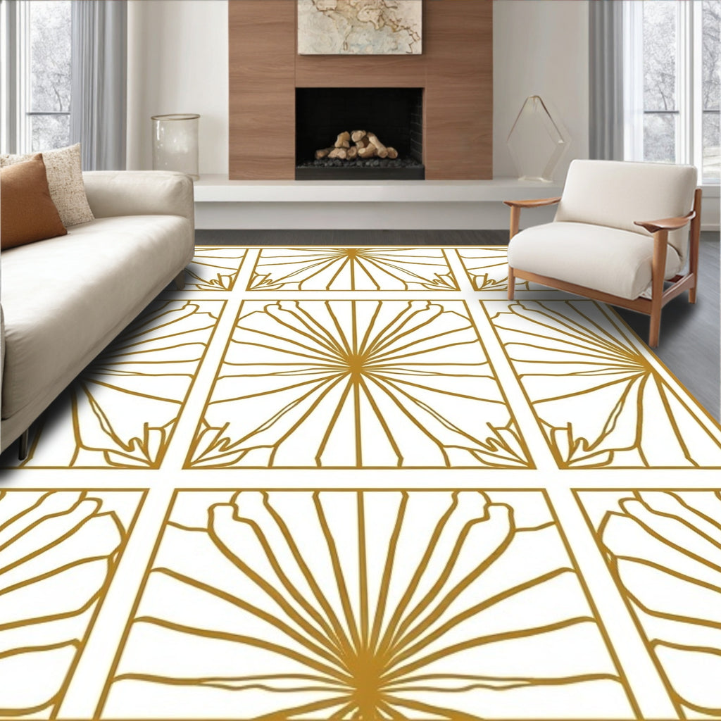 Geometric Fan Pattern Golden Outline Rug