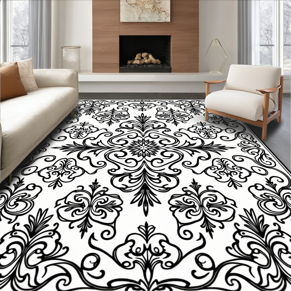Intricate Black White Floral Scroll Rug