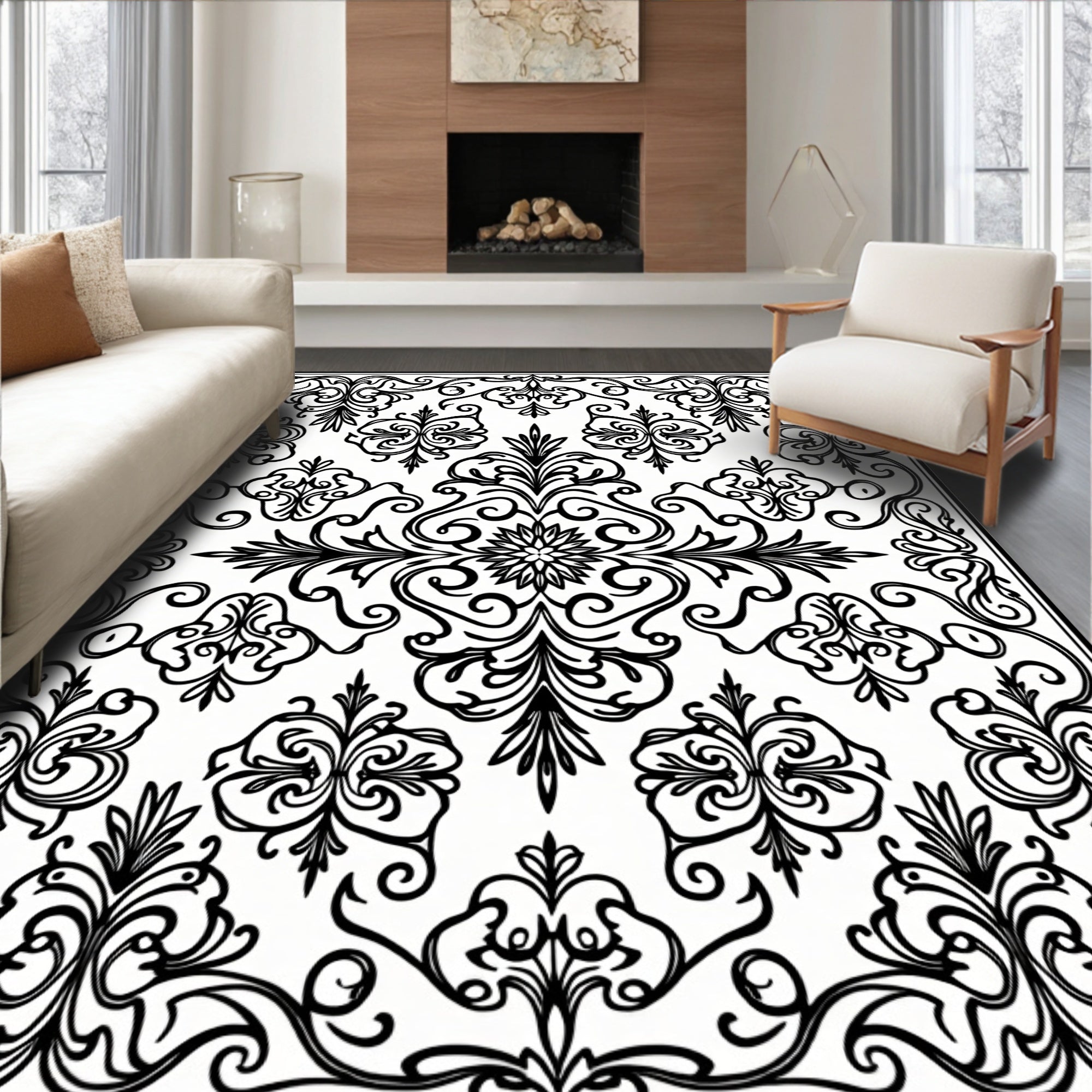 Intricate Black White Floral Scroll Rug