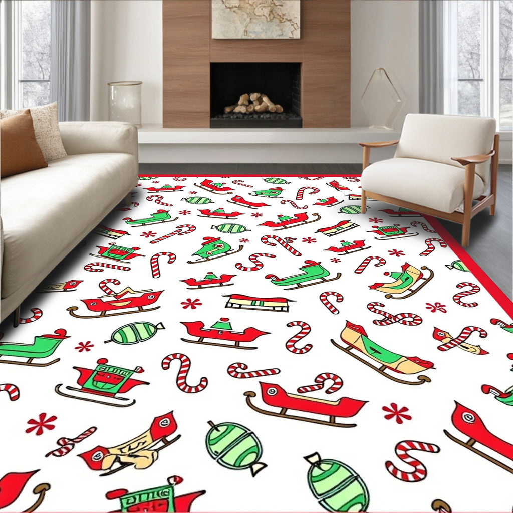 Red Green Sleigh Candy Cane Sprinkle Rug
