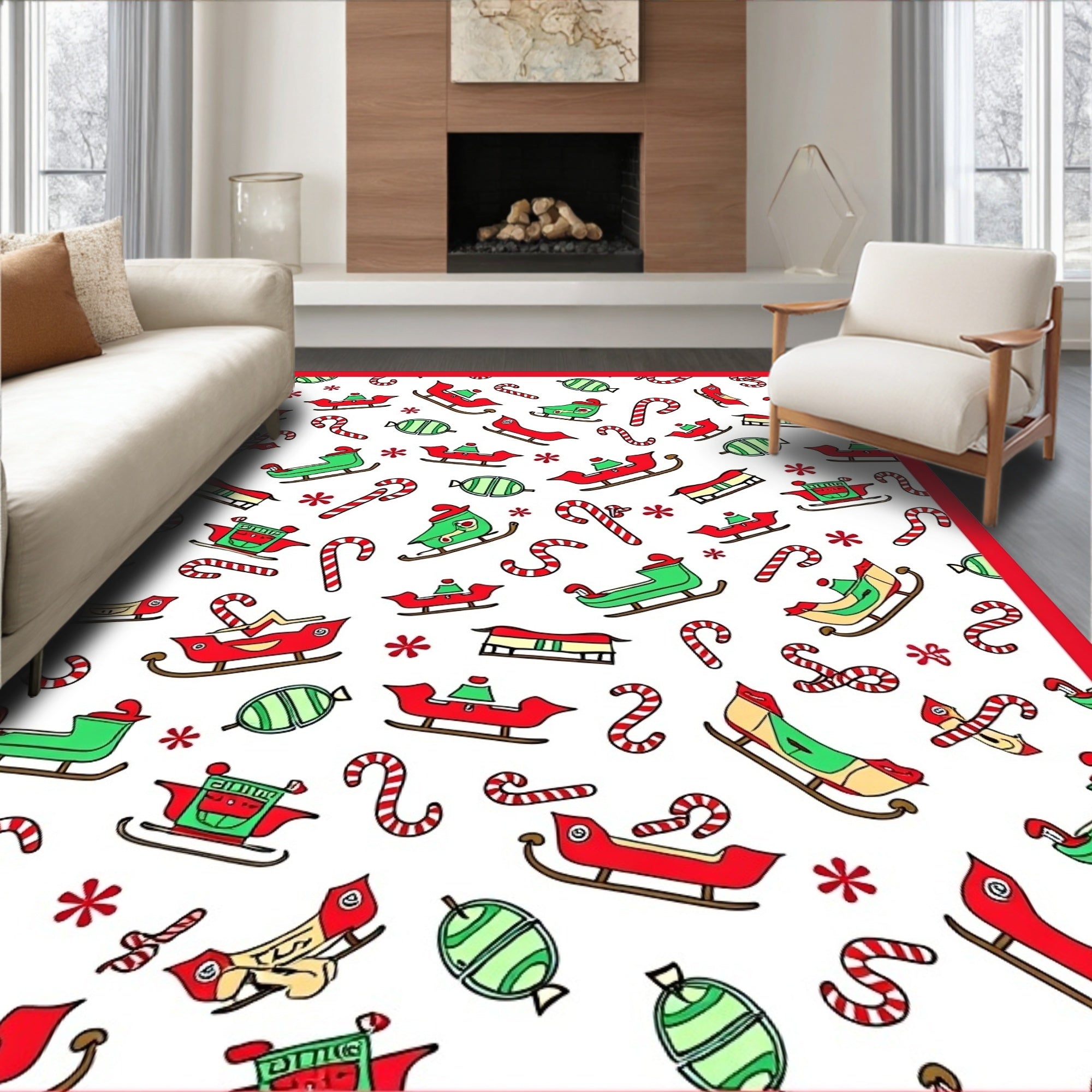 Red Green Sleigh Candy Cane Sprinkle Rug