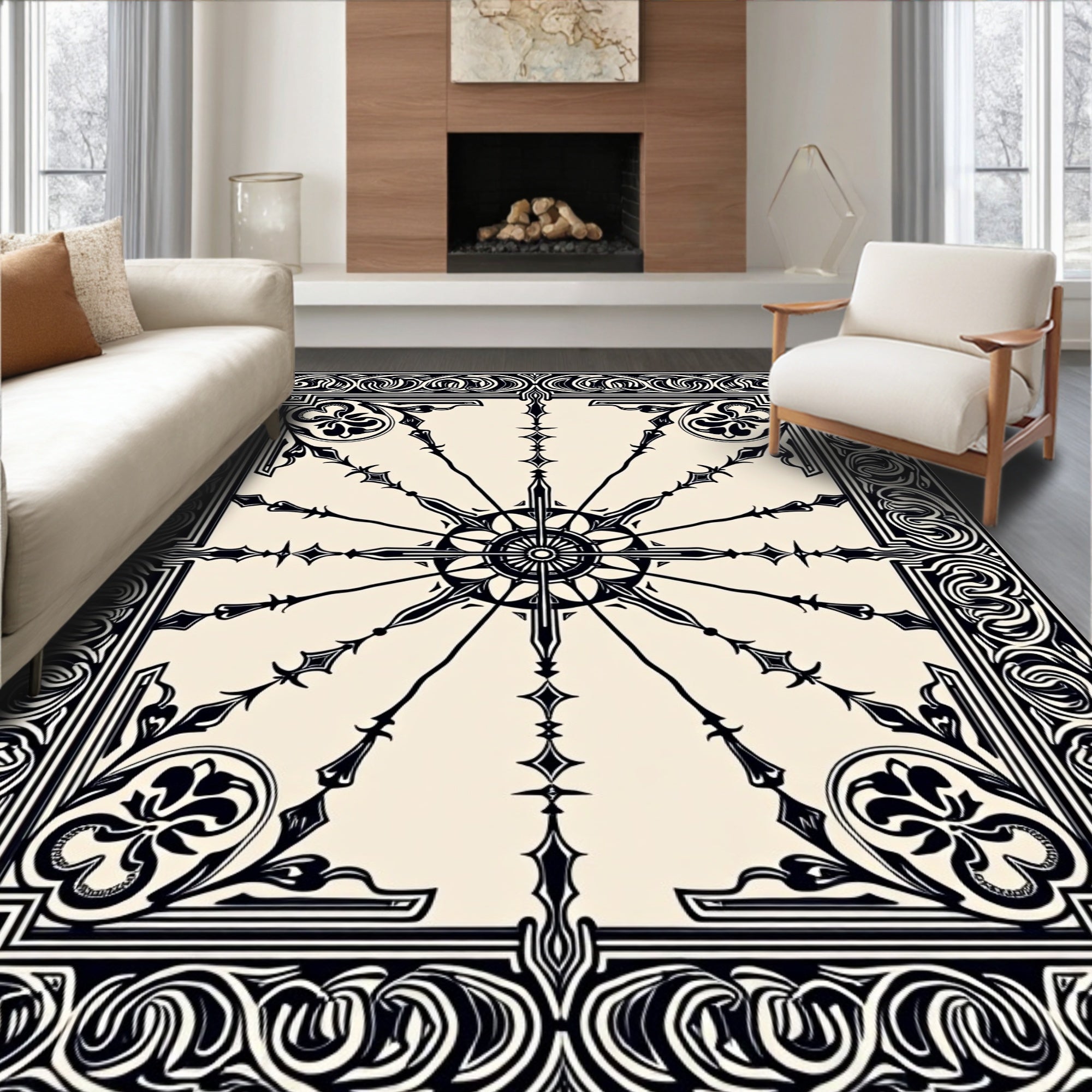 Intricate Black White Sunburst Floral Rug