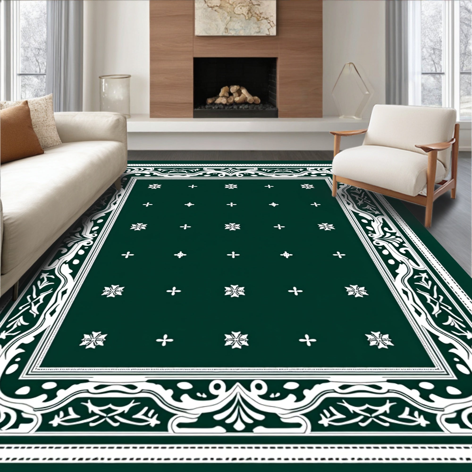 Deep Green White Ornamental Medallion Rug
