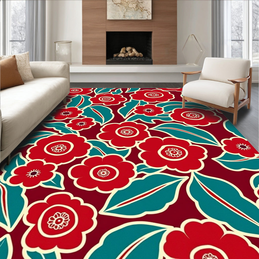 Bold Floral Pattern Red Teal Cream Rug