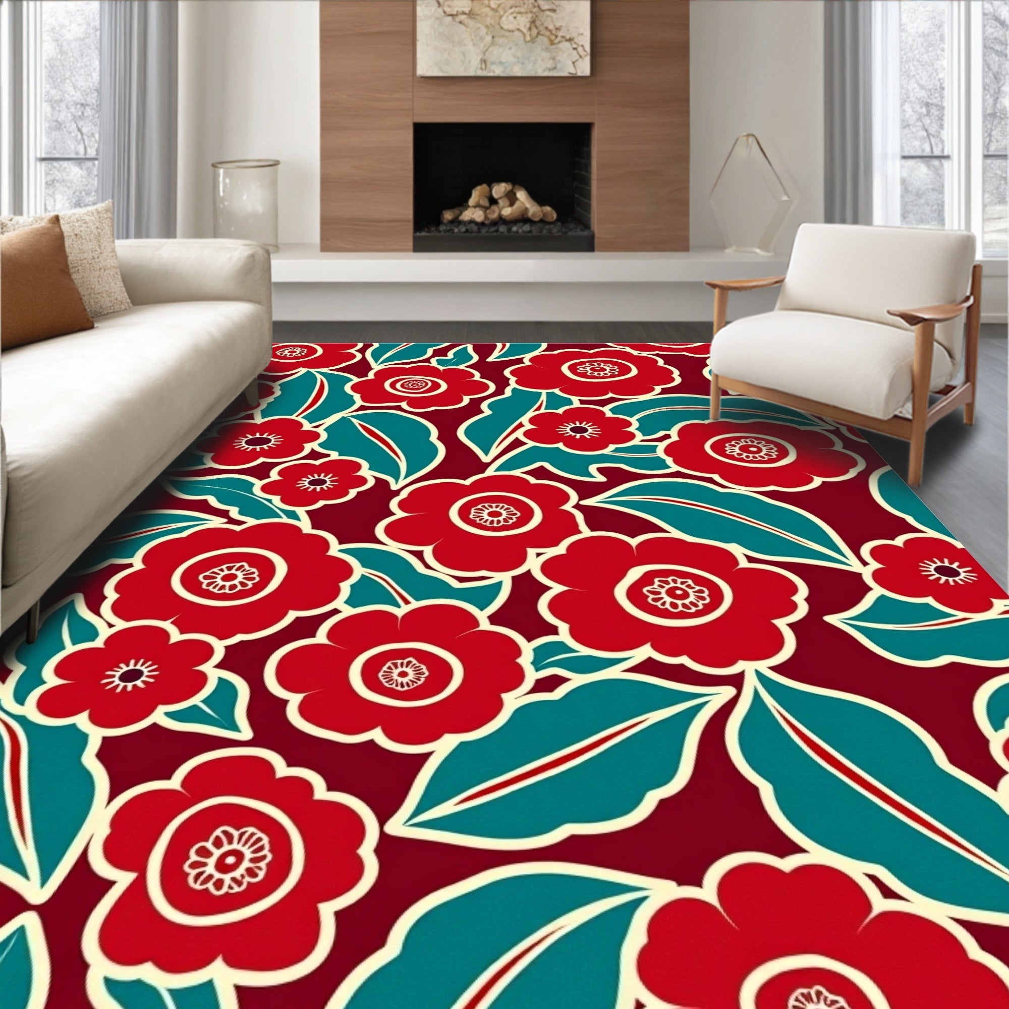 Bold Floral Pattern Red Teal Cream Rug