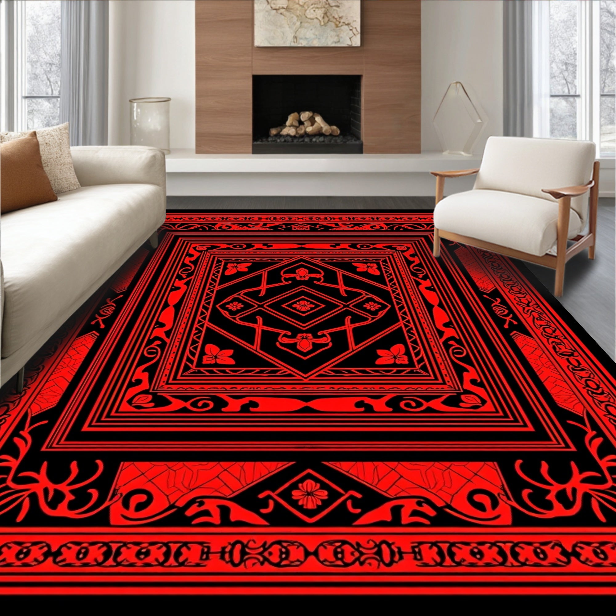 Bold Red Black Geometric Floral Border Design Rug
