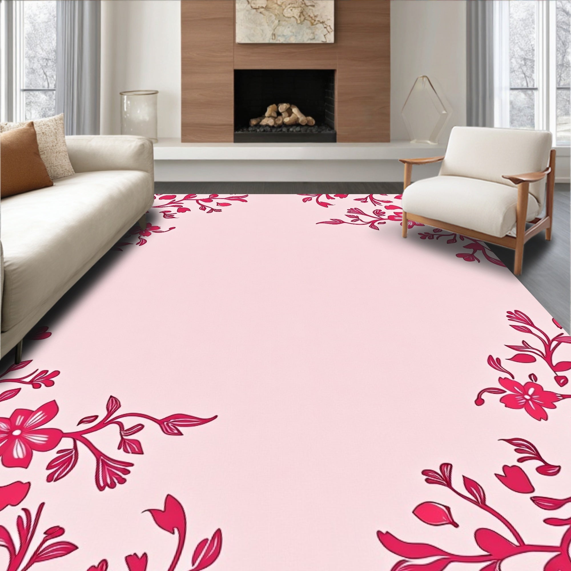 Pink Floral Corner Accent Design Rug