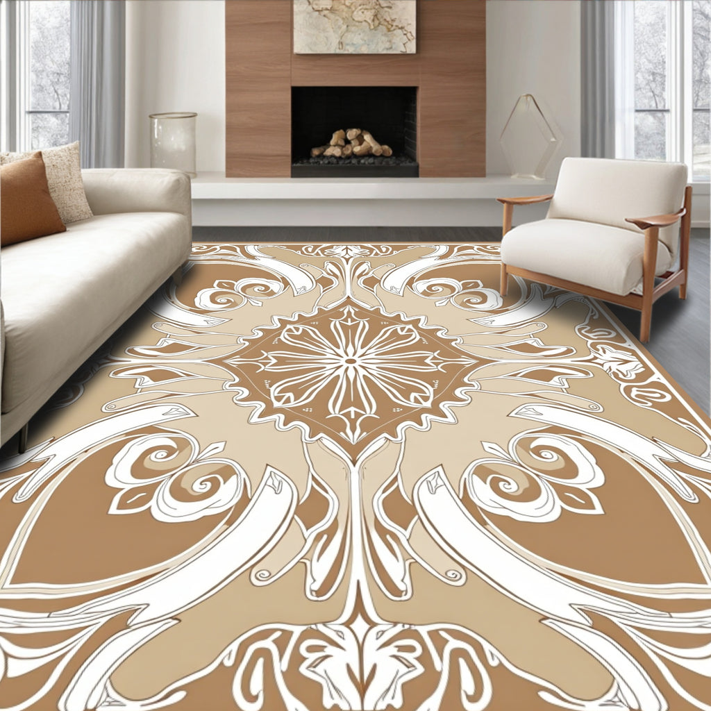 Elegant Brown White Floral Art Nouveau Rug