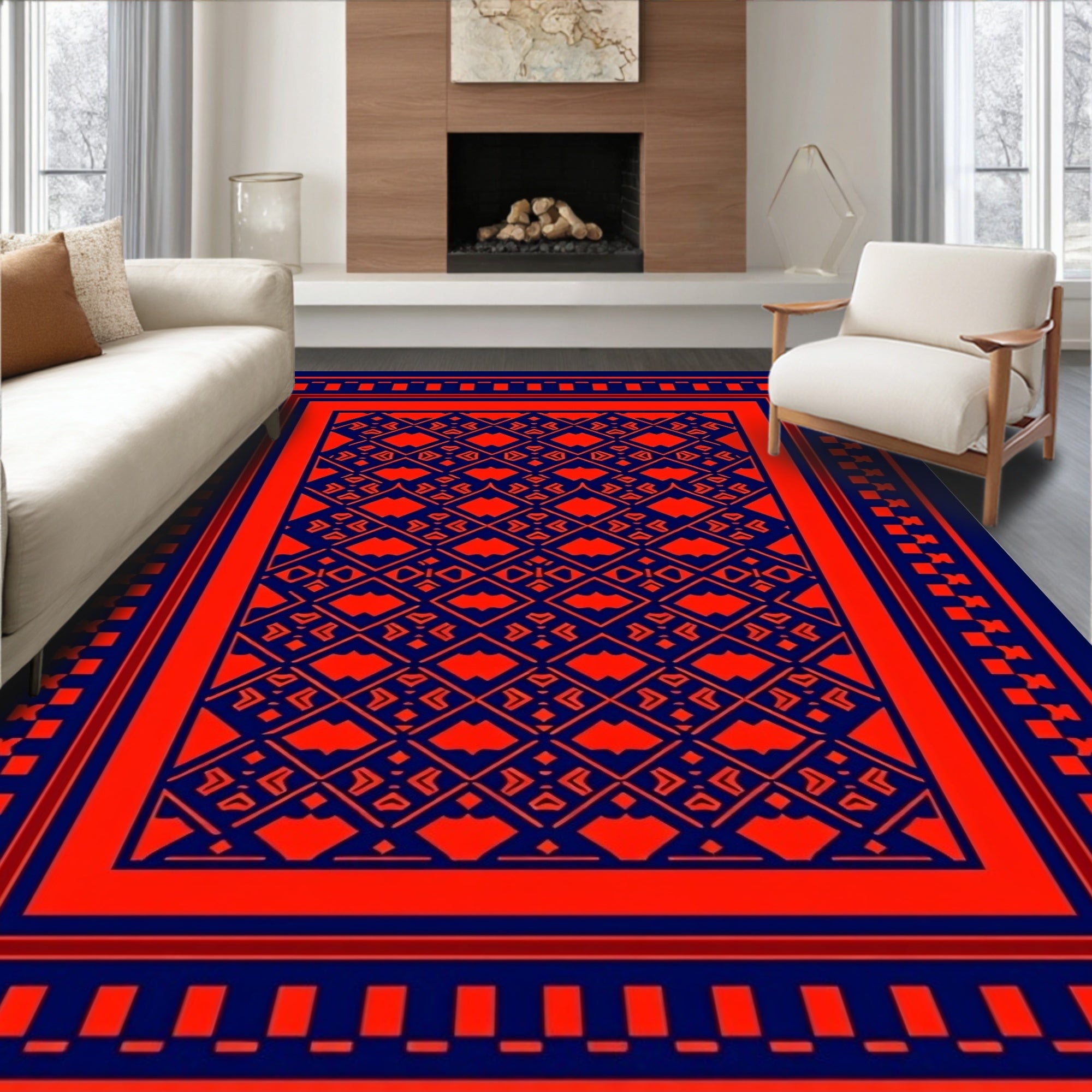 Bold Geometric Red Blue Pattern Rug