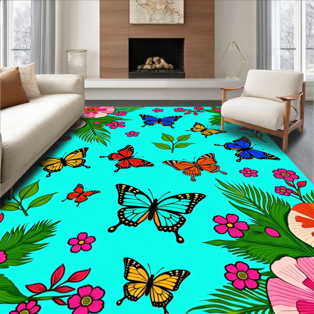 Vibrant Floral Butterfly Pattern Design Rug