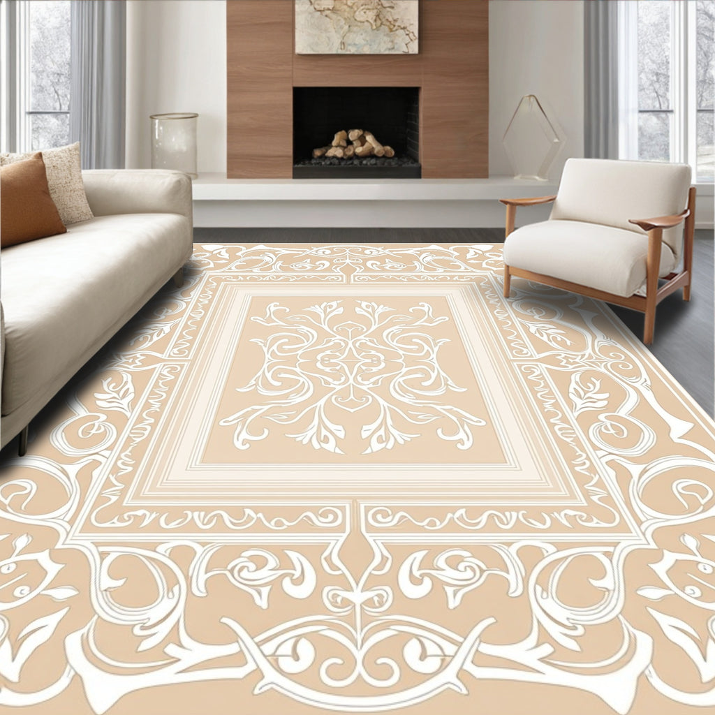 Elegant White Floral Beige Symmetry Rug