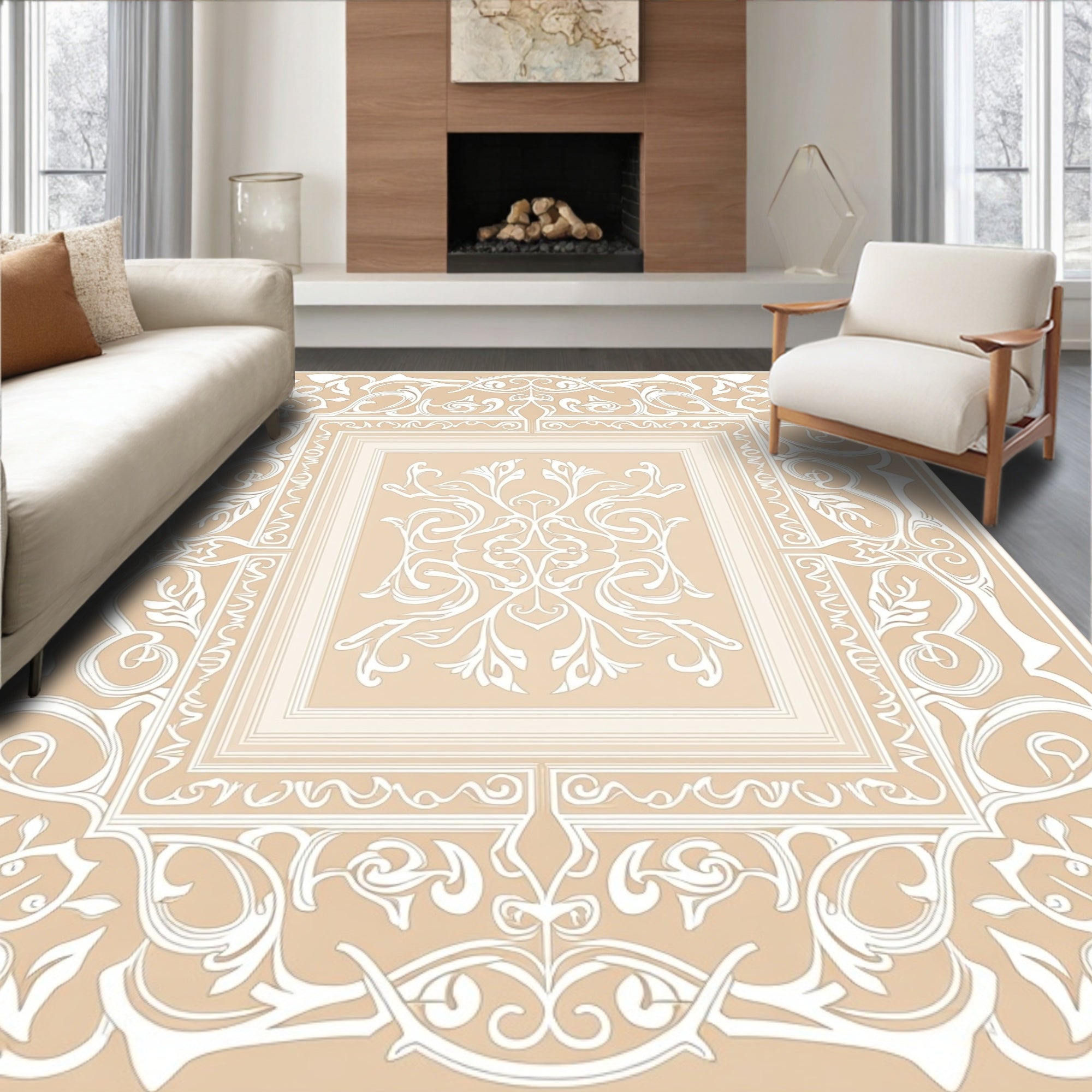 Elegant White Floral Beige Symmetry Rug
